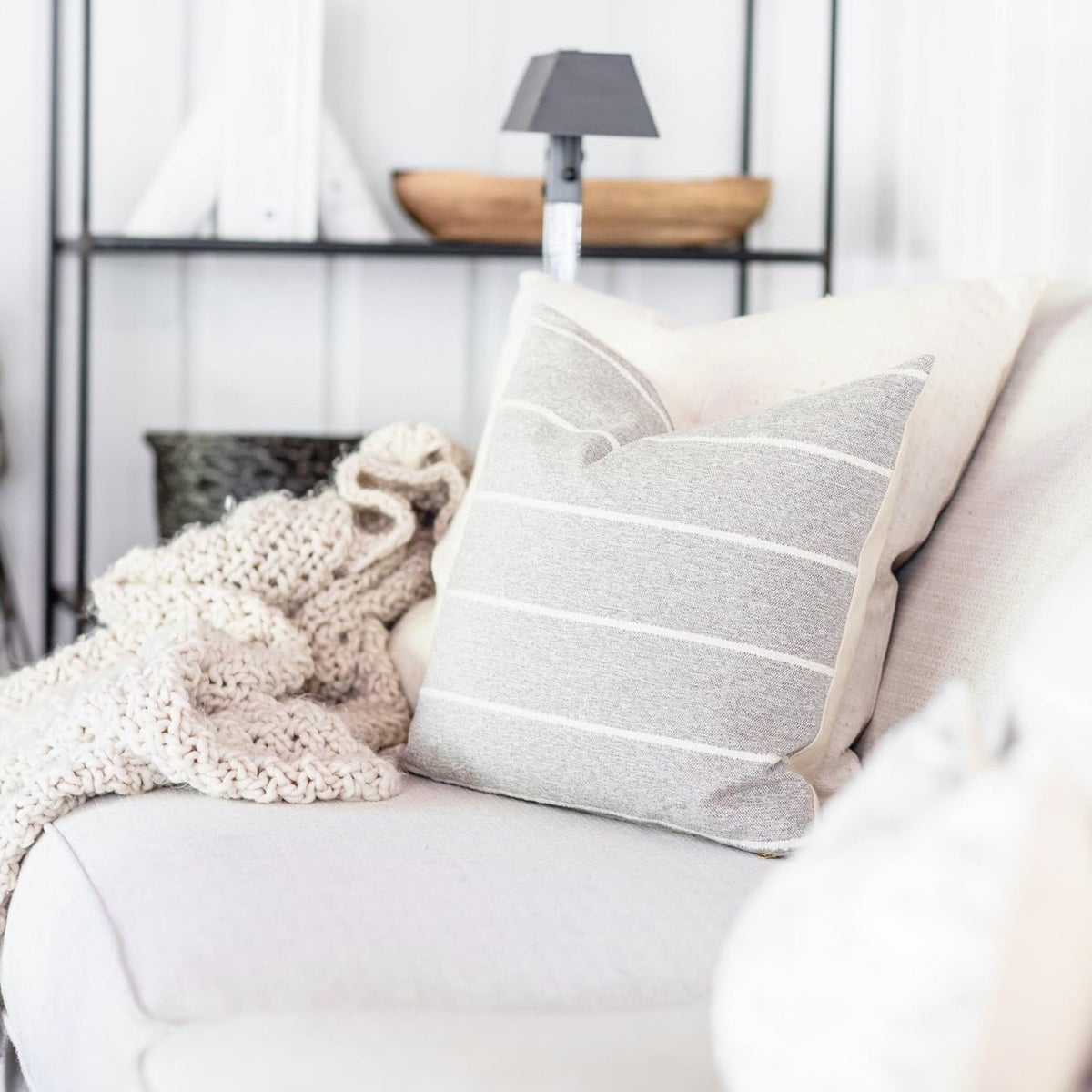 Hope Warm Gray & Ivory Striped Pillow Cover